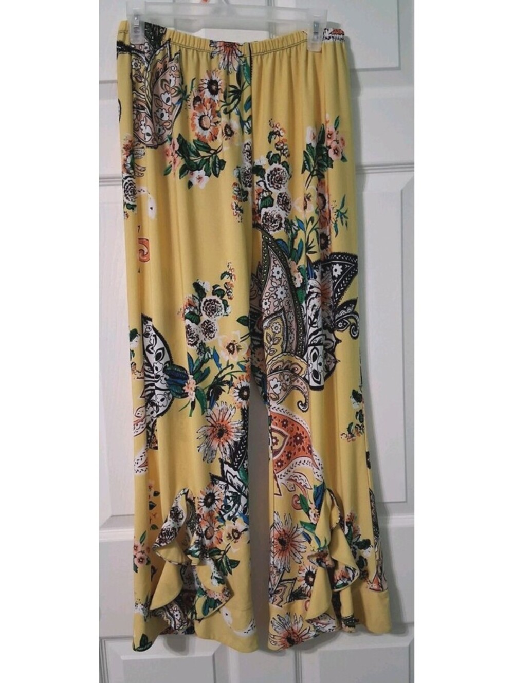 Boho, Yellow Floral Paisley, Melissa Paige Ruffle Flare Leg Pants, L, GUC